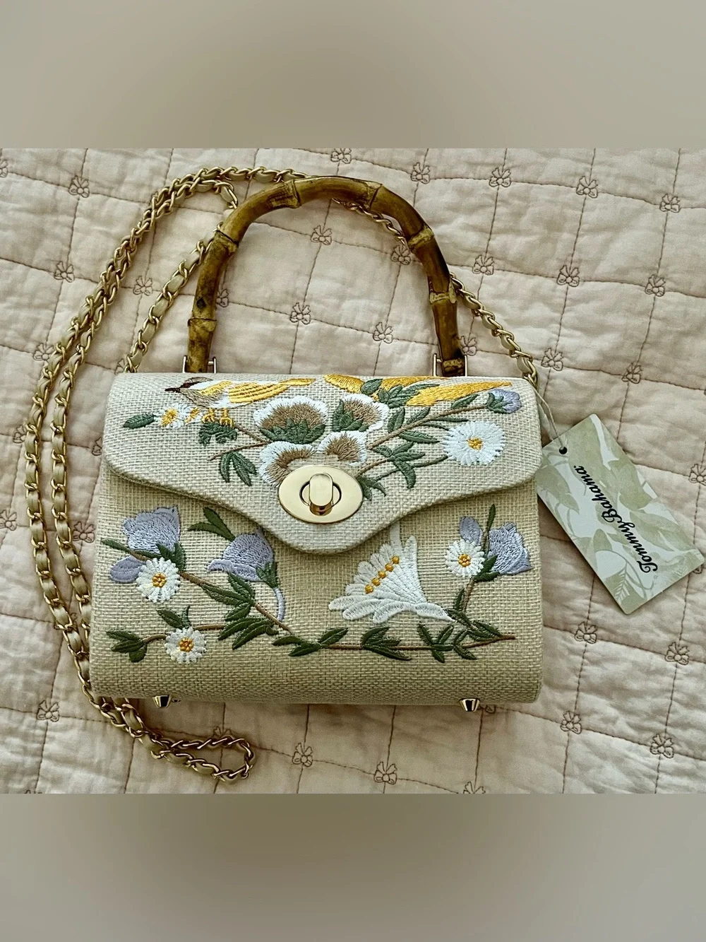 Tommy Bahama Bird & Floral Embroidered Canvas Bamboo Top Handle w Unique Chain